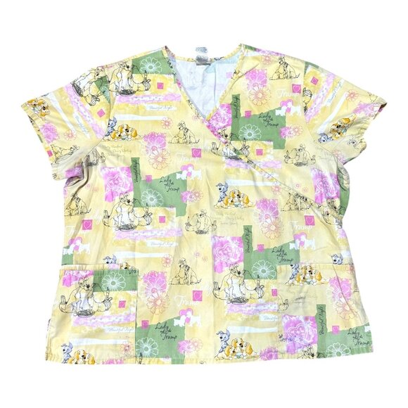 Disney Lady & The Tramp Scrub Top 2X Yellow Pink Green V-Neck Short Sleeve READ - Picture 1 of 6